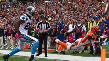 Oct 12, 2014; Cincinnati, OH, USA; Cincinnati Bengals wide receiver Brandon Tate (19) scores a touchdown in front of Carolina Panthers cornerback Antoine Cason (20) during the first half at Paul Brown Stadium. Mandatory Credit: Mike DiNovo-USA TODAY Sports