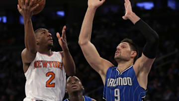 Feb 26, 2016; New York, NY, USA; New York Knicks guard Langston Galloway (2) drives to the basket past Orlando Magic center Nikola Vucevic (9) during the second half at Madison Square Garden. The Knicks defeated the Magic 108-95. Mandatory Credit: Adam Hunger-USA TODAY Sports