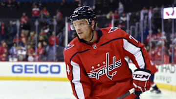 WASHINGTON, DC - FEBRUARY 01: Washington Capitals defenseman John Carlson (74) looks up ice during the Calgary Flames vs. the Washington Capitals NHL game on February 1, 2019 at Capital One Arena in Washington, D.C.. (Photo by Randy Litzinger/Icon Sportswire via Getty Images)