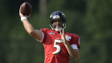 Jul 31, 2016; Owings Mills, MD, USA; Baltimore Ravens quarterback Joe Flacco (5) throws during the morning session of training camp at Under Armour Performance Center. Mandatory Credit: Tommy Gilligan-USA TODAY Sports