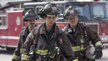 CHICAGO FIRE -- "A Volatile Mixture" Episode 705 -- Pictured: (l-r) Yuri Sardarov as Brian "Otis" Zvonecek, Miranda Rae Mayo as Stella Kidd, Christian Stolte as Randy "Mouch" McHolland -- (Photo by: Elizabeth Morris/NBC)