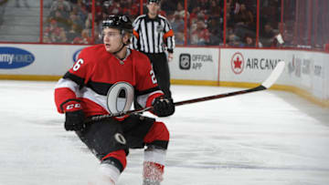 OTTAWA, ON - MARCH 14: Erik Brannstrom #26 of the Ottawa Senators skates against the St. Louis Blues at Canadian Tire Centre on March 14, 2019 in Ottawa, Ontario, Canada. (Photo by Andre Ringuette/NHLI via Getty Images)