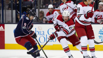 COLUMBUS, OH - NOVEMBER 10: Columbus Blue Jackets left wing Artemi Panarin (9) and Carolina Hurricanes left wing Joakim Nordstrom (42) battle during a game between the Columbus Blue Jackets and the Caroling Hurricanes on November 10, 2017, at Nationwide Arena in Columbus, OH. (Photo by Adam Lacy/Icon Sportswire via Getty Images)