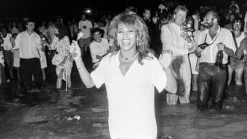 Tina Turner on Copacabana Beach, Rio de Janeiro, Brazil, on New Years Eve on 31st Dec 1987 (Photo by Dave Hogan/Hulton Archive/Getty Images)