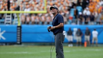 CHARLOTTE, NC - SEPTEMBER 01: Head coach Dana Holgorsen of the West Virginia Mountaineers reacts against the Tennessee Volunteers during their game at Bank of America Stadium on September 1, 2018 in Charlotte, North Carolina. (Photo by Streeter Lecka/Getty Images)