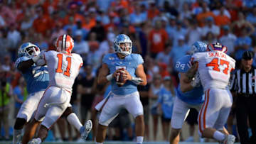 CHAPEL HILL, NORTH CAROLINA - SEPTEMBER 28: Sam Howell #7 of the North Carolina Tar Heels drops back to pass against the Clemson Tigers during the second half of their game at Kenan Stadium on September 28, 2019 in Chapel Hill, North Carolina. Clemson won 21-20. (Photo by Grant Halverson/Getty Images)
