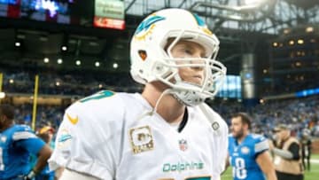 Nov 9, 2014; Detroit, MI, USA; Miami Dolphins quarterback Ryan Tannehill (17) after the game against the Detroit Lions at Ford Field. Detroit won 20-16. Mandatory Credit: Tim Fuller-USA TODAY Sports
