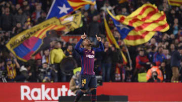 Barcelona's Brazilian midfielder Malcom celebrates his goal during the Spanish Copa del Rey (King's Cup) semi-final first leg football match between FC Barcelona and Real Madrid CF at the Camp Nou stadium in Barcelona on February 6, 2019. (Photo by Josep LAGO / AFP) (Photo credit should read JOSEP LAGO/AFP/Getty Images)