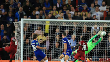26th September 2018, Anfield, Liverpool, England; Carabao Cup football, third round, Liverpool versus Chelsea; Kepa Arrizabalaga, Chelsea goalkeeper dives to save the shot of Naby Keita of Liverpool (photo by David Blunsden/Action Plus via Getty Images)