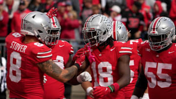 Oct. 7, 2023; Columbus, Oh., USA;Ohio State Buckeyes wide receiver Marvin Harrison Jr. (18) celebrates after scoring a touchdown during the second half of Saturday's NCAA Division I football game against the Maryland Terrapins at Ohio Stadium.