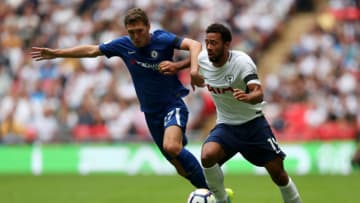 LONDON, ENGLAND - AUGUST 20: Mousa Dembele of Tottenham Hotspur battles for the ball with Andreas Christensen of Chelsea during the Premier League match between Tottenham Hotspur and Chelsea at Wembley Stadium on August 20, 2017 in London, England. (Photo by Dan Istitene/Getty Images)