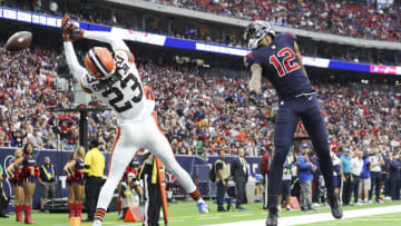 Dec 4, 2022; Houston, Texas, USA; Cleveland Browns cornerback Martin Emerson Jr. (23) defends against a pass intended for Houston Texans wide receiver Nico Collins (12) during the game at NRG Stadium. Mandatory Credit: Troy Taormina-USA TODAY Sports