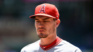 ARLINGTON, TEXAS - AUGUST 20: Andrew Heaney #28 of the Los Angeles Angels reacts in the bottom of the eighth inning during game one of a doubleheader against the Texas Rangers at Globe Life Park in Arlington on August 20, 2019 in Arlington, Texas. (Photo by C. Morgan Engel/Getty Images)