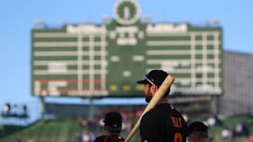 Oct 8, 2016; Chicago, IL, USA; San Francisco Giants first baseman Brandon Belt (9) before game two of the 2016 NLDS playoff baseball series against the Chicago Cubs at Wrigley Field. Mandatory Credit: Jerry Lai-USA TODAY Sports