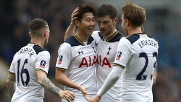 LONDON, ENGLAND - MARCH 12: Heung-Min Son of Tottenham Hotspur (CL) scores his sides second goal with his Tottenham Hotspur team mates during The Emirates FA Cup Quarter-Final match between Tottenham Hotspur and Millwall at White Hart Lane on March 12, 2017 in London, England. (Photo by Julian Finney/Getty Images)
