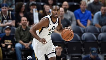 SALT LAKE CITY, UT - OCTOBER 4: Alec Burks #10 of the Utah Jazz brings the ball up court against the Maccabi Haifa in preseason action at Vivint Smart Home Arena on October 4, 2017 in Salt Lake City, Utah. (Photo by Gene Sweeney Jr./Getty Images)