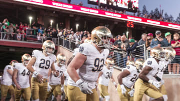 PALO ALTO, CA - NOVEMBER 27: The Notre Dame Fighting Irish football team takes the field before an NCAA football game against the Stanford Cardinal on November 27, 2021 at Stanford Stadium in Palo Alto, California, visible players include Aidan Keanaaina #92, Matt Salerno #29, DJ Brown #2.. (Photo by David Madison/Getty Images)