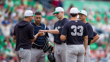 CLEARWATER, FL - MARCH 17: New York Yankees pitcher James Paxton (65) is relieved during an MLB spring training game against the Philadelphia Phillies on March 17, 2019, at Spectrum Field in Clearwater, FL. (Photo by Mary Holt/Icon Sportswire via Getty Images)