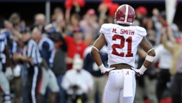 Oct 4, 2014; Oxford, MS, USA; Alabama Crimson Tide defensive back Maurice Smith (21) reacts after a touchdown by Mississippi Rebels running back Jaylen Walton (not pictured) during the second half at Vaught-Hemingway Stadium. Mandatory Credit: Christopher Hanewinckel-USA TODAY Sports