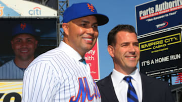 NEW YORK, NY - NOVEMBER 04: Carlos Beltran poses with General Manager Brodie Van Wagenen after a press conference naming him as the team's new manager at Citi Field on November 4, 2019 in New York City. (Photo by Rich Schultz/Getty Images)
