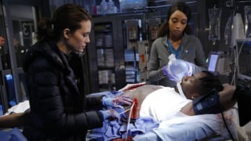 CHICAGO MED -- "Down By Law" Episode 310 -- Pictured: (l-r) Torrey DeVitto as Natalie Manning, Yaya DaCosta as April Sexton -- (Photo by: Adrian Burrows/NBC)