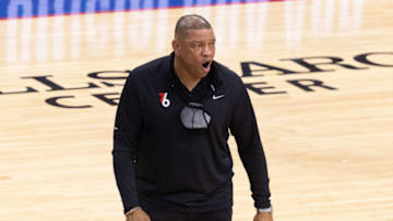 Jun 6, 2021; Philadelphia, Pennsylvania, USA; Philadelphia 76ers head coach Doc Rivers reacts during the fourth quarter of game one against the Atlanta Hawks in the second round of the 2021 NBA Playoffs at Wells Fargo Center. Mandatory Credit: Bill Streicher-USA TODAY Sports