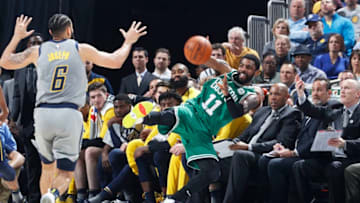 INDIANAPOLIS, IN - APRIL 05: Kyrie Irving #11 of the Boston Celtics tries to save the ball from going out of bounds against the Indiana Pacers in the first half of a game at Bankers Life Fieldhouse on April 5, 2019 in Indianapolis, Indiana. NOTE TO USER: User expressly acknowledges and agrees that, by downloading and or using the photograph, User is consenting to the terms and conditions of the Getty Images License Agreement. (Photo by Joe Robbins/Getty Images)