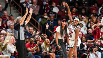 South Carolina basketball legend A'ja Wilson cheering after a Raven Johnson 3-pointer against Maryland. Mandatory Credit: Jeff Blake-USA TODAY Sports