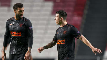 LISBON, PORTUGAL - NOVEMBER 05: Connor Goldson (L) of Rangers FC talks with Ryan Jack during the UEFA Europa League Group D stage match between SL Benfica and Rangers FC at Estadio da Luz on November 05, 2020 in Lisbon, Portugal. (Photo by Jose Manuel Alvarez/Quality Sport Images/Getty Images)