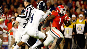 ATHENS, GA - NOVEMBER 21: Sony Michel #1 of the Georgia Bulldogs runs for a touchdown during overtime against the Georgia Southern Eagles at Sanford Stadium on November 21, 2015 in Athens, Georgia. (Photo by Daniel Shirey/Getty Images)