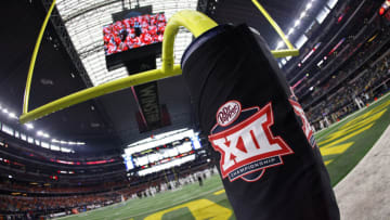 ARLINGTON, TX - DECEMBER 4: The Big 12 Football Conference logo is seen on a goal post before the game between the Oklahoma State Cowboys and the Baylor Bears in the Big 12 Football Championship at AT&T Stadium on December 4, 2021 in Arlington, Texas. Baylor won 21-16.(Photo by Ron Jenkins/Getty Images)