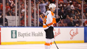 Nov 24, 2021; Sunrise, Florida, USA; Philadelphia Flyers left wing Joel Farabee (86) celebrates after scoring on Florida Panthers goaltender Sergei Bobrovsky (not pictured) during the first period at FLA Live Arena. Mandatory Credit: Sam Navarro-USA TODAY Sports
