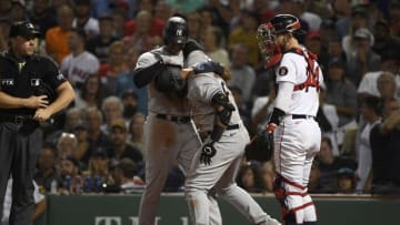 Sep 14, 2022; Boston, Massachusetts, USA; New York Yankees second baseman Gleyber Torres (25) is congratulated by left fielder Aaron Hicks (31) after scoring a run during the fifth inning against the Boston Red Sox at Fenway Park. Mandatory Credit: Bob DeChiara-USA TODAY Sports
