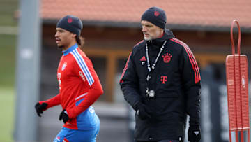 Bayern Munich head coach Thomas Tuchel with Leroy Sane in training. (Photo by Stefan Matzke - sampics/Getty Images)