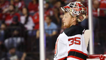Feb 20, 2016; Washington, DC, USA; New Jersey Devils goalie Cory Schneider (35) stands on the ice during a stoppage in play against the Washington Capitals at Verizon Center. Mandatory Credit: Geoff Burke-USA TODAY Sports