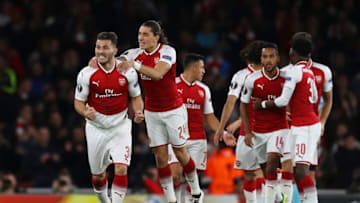 LONDON, ENGLAND - SEPTEMBER 14: Sead Kolasinac of Arsenal celebrates scoring the first Arsenal goal with team mates during the UEFA Europa League group H match between Arsenal FC and 1. FC Koeln at Emirates Stadium on September 14, 2017 in London, United Kingdom. (Photo by Richard Heathcote/Getty Images)