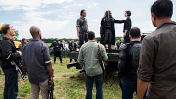Tom Payne as Paul 'Jesus' Rovia, Andrew Lincoln as Rick Grimes, Khary Payton as Ezekiel, Ross Marquand as Aaron, Lauren Cohan as Maggie Greene - The Walking Dead _ Season 8, Episode 1 - Photo Credit: Gene Page/AMC