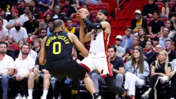 Gabe Vincent #2 of the Miami Heat drives against Talen Horton-Tucker #0 of the Utah Jazz(Photo by Megan Briggs/Getty Images)