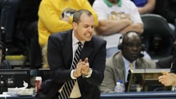 Apr 28, 2014; Indianapolis, IN, USA; Indiana Pacers head coach Frank Vogel reacts during the fourth quarter against the Atlanta Hawks in game five of the first round of the 2014 NBA Playoffs at Bankers Life Fieldhouse. The Hawks won 107-97. Mandatory Credit: Pat Lovell-USA TODAY Sports