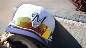 Mar 19, 2014; Peoria, AZ, USA; A Milwaukee Brewers hat sits in the dugout against the Seattle Mariners at Peoria Sports Complex. The Brewers won 9-7. Mandatory Credit: Joe Camporeale-USA TODAY Sports