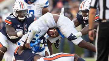 Auburn football defensive lineman Derick Hall (29) sacks Georgia State Panthers quarterback Darren Grainger (3) at Jordan-Hare Stadium in Auburn, Ala., on Saturday, Sept. 25, 2021. Auburn Tigers defeated Georgia State Panthers 34-24.