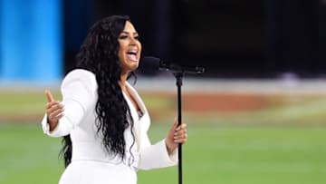 MIAMI, FLORIDA - FEBRUARY 02: Singer Demi Lovato performs the national anthem prior to Super Bowl LIV between the San Francisco 49ers and the Kansas City Chiefs at Hard Rock Stadium on February 02, 2020 in Miami, Florida. (Photo by Andy Lyons/Getty Images)