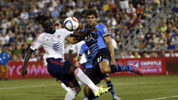 Jul 29, 2015; Denver, CO, USA; MLS All Star forward Kei Kamara (23) of Columbus Crew FC controls the ball against Tottenham Hotspur defender Federico Fazio (21) during the second half of the 2015 MLS All Star Game at Dick's Sporting Goods Park. MLS All Stars won 2-1. Mandatory Credit: Kyle Terada-USA TODAY Sports