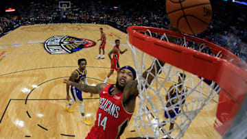 NEW ORLEANS, LOUISIANA - OCTOBER 28: Brandon Ingram #14 of the New Orleans Pelicans makes a layup against the Golden State Warriors at Smoothie King Center on October 28, 2019 in New Orleans, Louisiana. NOTE TO USER: User expressly acknowledges and agrees that, by downloading and/or using this photograph, user is consenting to the terms and conditions of the Getty Images License Agreement (Photo by Chris Graythen/Getty Images)