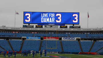 ORCHARD PARK, NEW YORK - JANUARY 08: The scorevoard depicts a tribute to Damar Hamlin prior to the game between the New England Patriots and the Buffalo Bills at Highmark Stadium on January 08, 2023 in Orchard Park, New York. (Photo by Timothy T Ludwig/Getty Images)