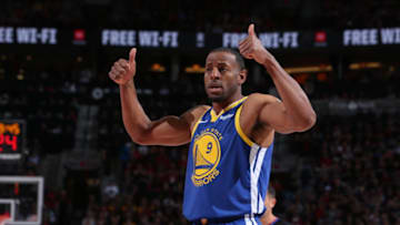 PORTLAND, OR - MAY 18: Andre Iguodala #9 of the Golden State Warriors looks for the jump ball during the game against the Portland Trail Blazers during Game Three of the Western Conference Finals of the 2019 NBA Playoffs on May 18, 2019 at the Moda Center in Portland, Oregon. NOTE TO USER: User expressly acknowledges and agrees that, by downloading and or using this photograph, user is consenting to the terms and conditions of the Getty Images License Agreement. Mandatory Copyright Notice: Copyright 2019 NBAE (Photo by Sam Forencich/NBAE via Getty Images)