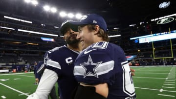 ARLINGTON, TEXAS - DECEMBER 15: Dak Prescott #4 and Sean Lee #50 of the Dallas Cowboys celebrate a 44-21 win against the Los Angeles Rams at AT&T Stadium on December 15, 2019 in Arlington, Texas. (Photo by Ronald Martinez/Getty Images)