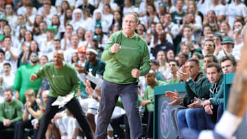EAST LANSING, MI - NOVEMBER 18: Head coach Tom Izzo of the Michigan State Spartans reacts during the second half of the game against the Villanova Wildcats at Breslin Center on November 18, 2022 in East Lansing, Michigan. (Photo by Rey Del Rio/Getty Images)