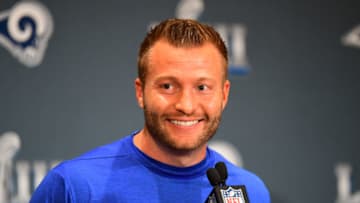 ATLANTA, GA - JANUARY 31: Head Coach Sean McVay of the Los Angeles Rams answers a question during Rams media availability for Super Bowl LIII at the Marriott Atlanta Buckhead on January 31, 2019 in Atlanta, Georgia. (Photo by Scott Cunningham/Getty Images)