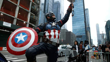NEW YORK, NEW YORK - OCTOBER 09: A cosplayer dressed in Captain America costume poses outside Day 3 of New York Comic Con at Javits Center on October 09, 2021 in New York City. (Photo by John Lamparski/Getty Images)